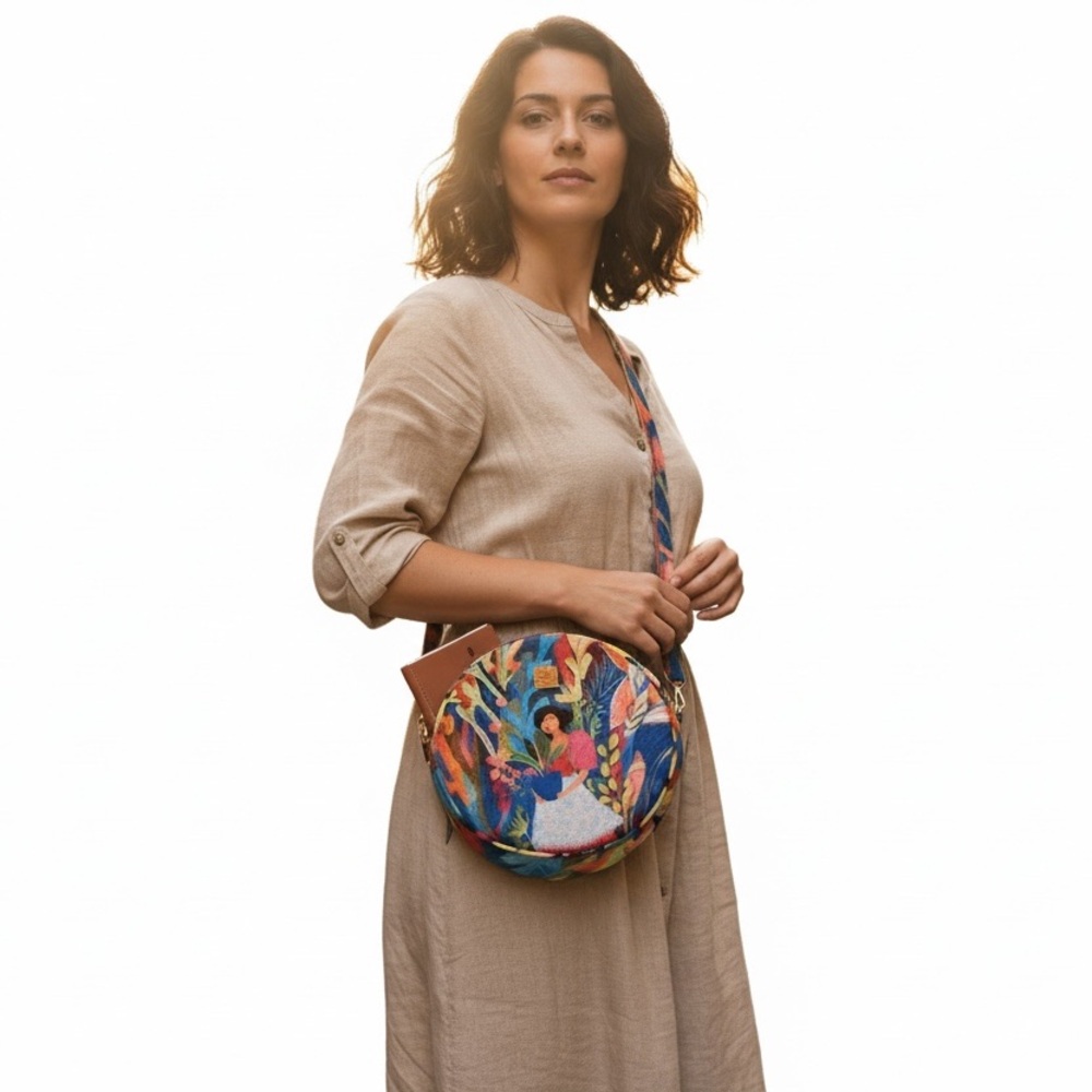 Bibisita Hand Made Philippines Round Crossbody Bag Artistic Floral Canteen Purse